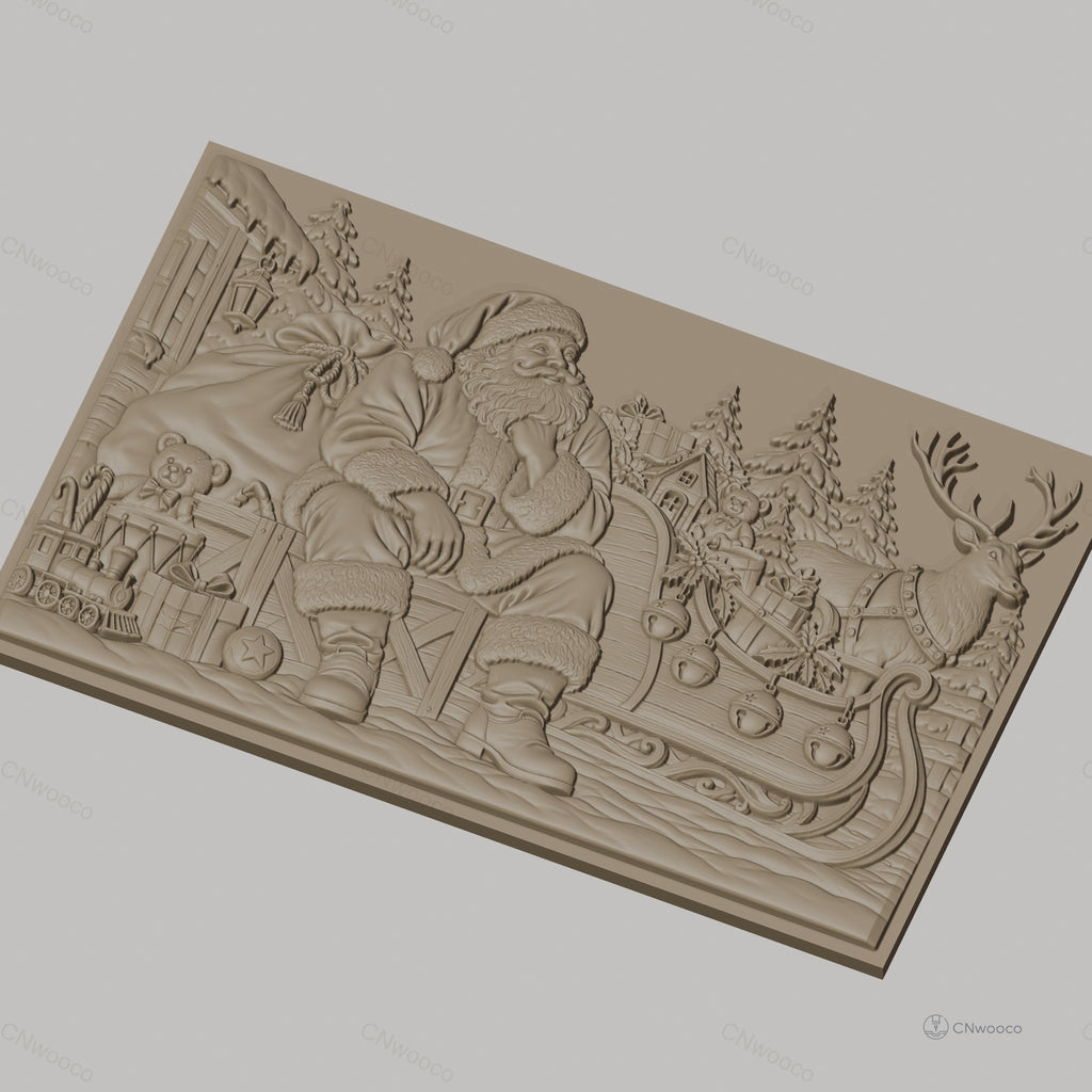Fichier CNC & impression 3D Noël, Père Noël avec traîneau, rennes, cadeaux et sapins, haute qualité relief STL