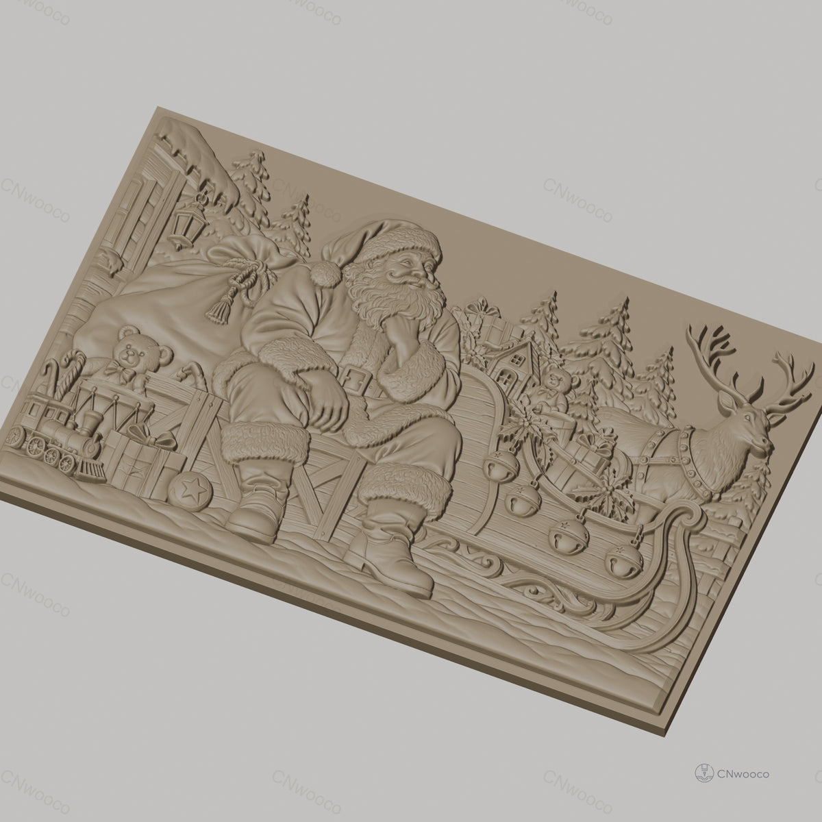Fichier CNC & impression 3D Noël, Père Noël avec traîneau, rennes, cadeaux et sapins, haute qualité relief STL