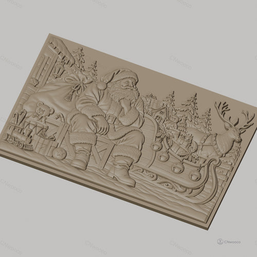 Fichier CNC & impression 3D Noël, Père Noël avec traîneau, rennes, cadeaux et sapins, haute qualité relief STL