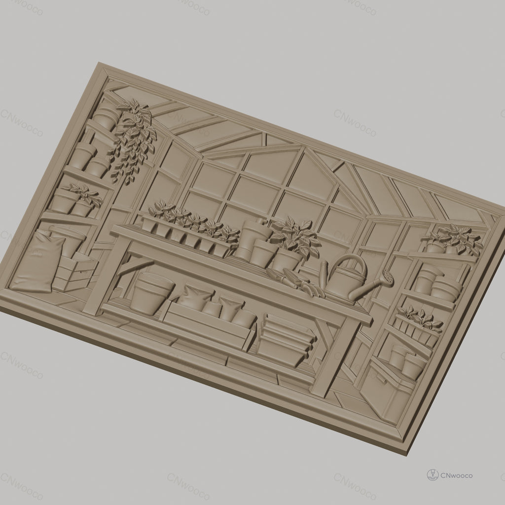 Fichier CNC & impression 3D serre de jardin, table avec pots, outils de jardinage haute qualité relief STL