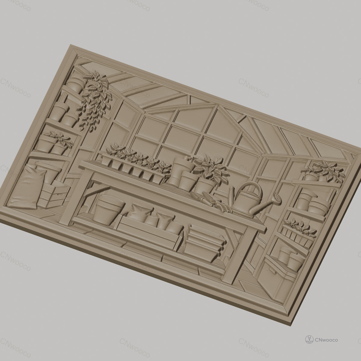 Fichier CNC & impression 3D serre de jardin, table avec pots, outils de jardinage haute qualité relief STL