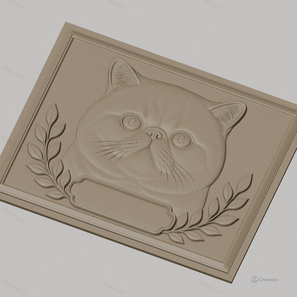 Fichier CNC & impression 3D chat British Shorthair, visage de chat avec feuilles décoratives, haute qualité relief STL