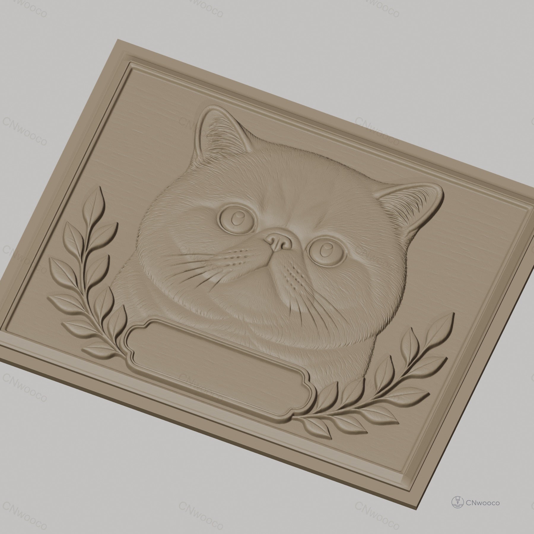 Fichier CNC & impression 3D chat British Shorthair, visage de chat avec feuilles décoratives, haute qualité relief STL