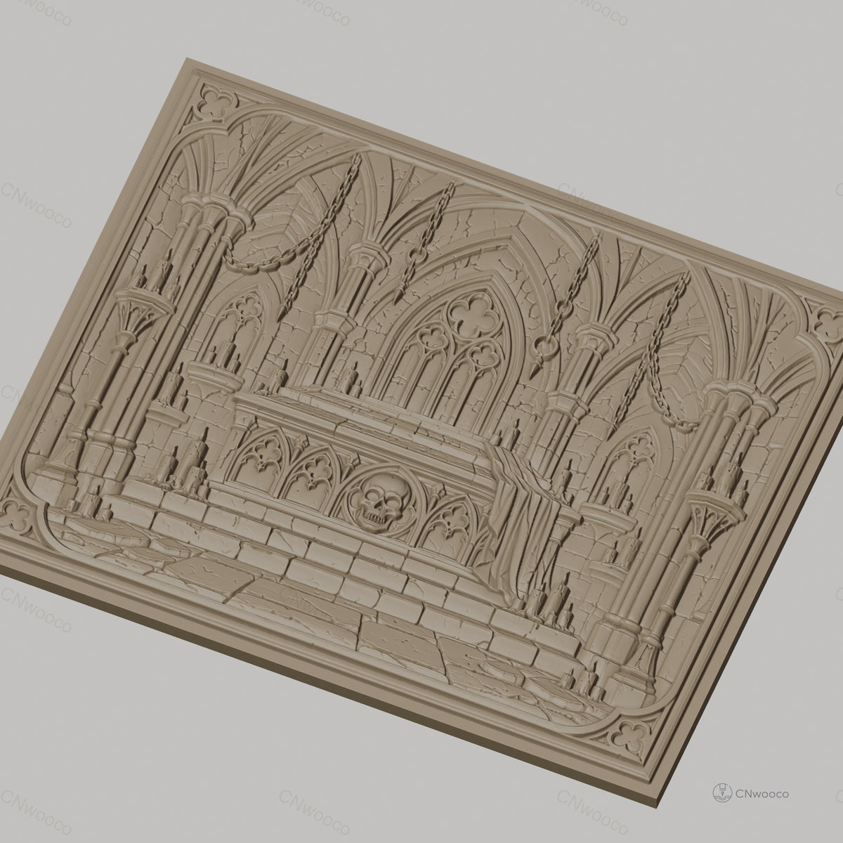 Fichier CNC & impression 3D tombeau gothique avec crâne, bougies et drap, haute qualité relief STL