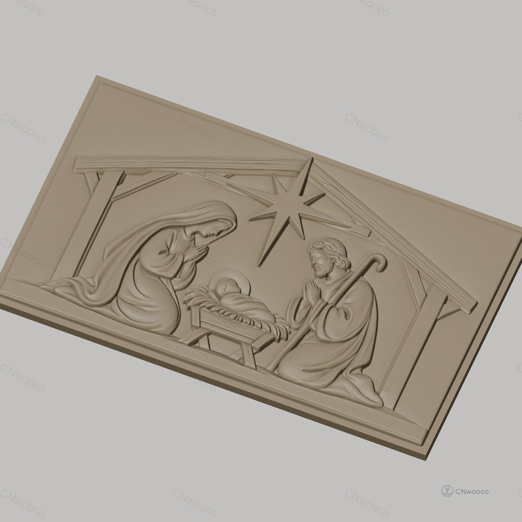 Fichier CNC & impression 3D scène de la Nativité, crèche avec Marie Joseph et bébé Jésus, haute qualité relief STL