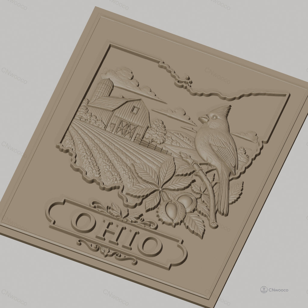 Fichier CNC & impression 3D relief Ohio, ferme, oiseau cardinal, feuilles et noix, haute qualité relief STL