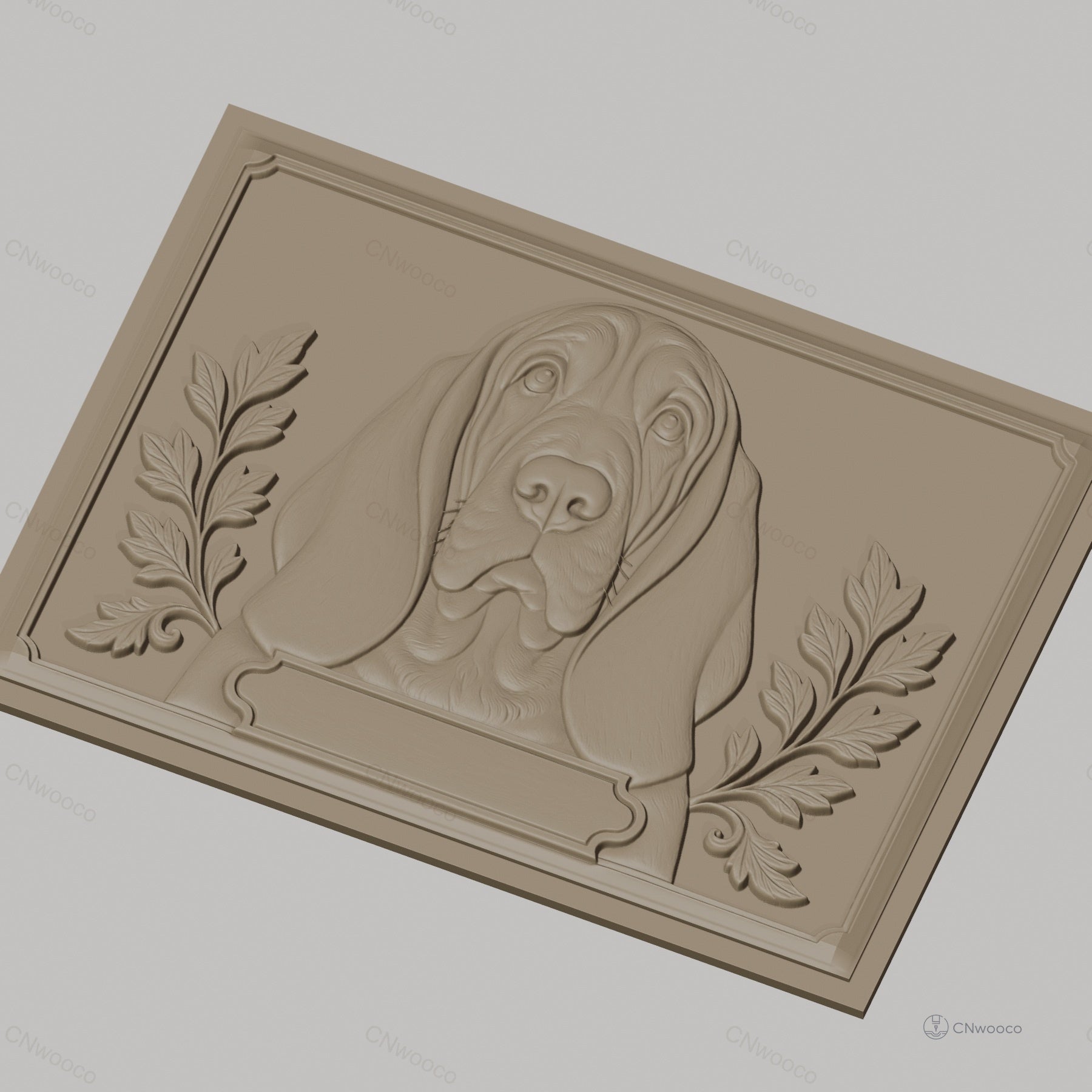 Fichier CNC & impression 3D Chien Basset, portrait en relief avec feuilles décoratives, haute qualité relief STL