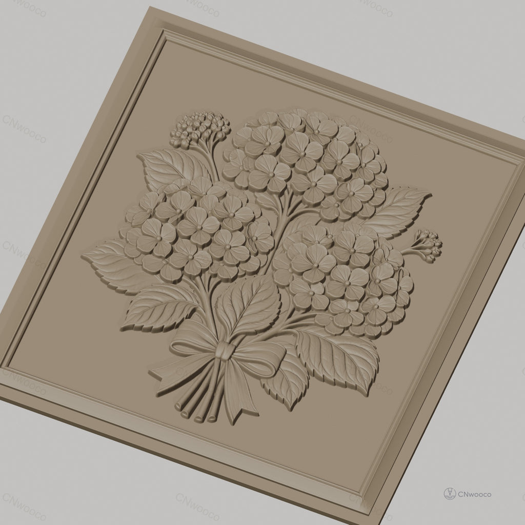 Fichier CNC & impression 3D bouquet d'hortensias, fleurs et feuilles en relief, haute qualité relief STL