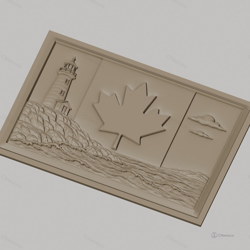 Fichier CNC & impression 3D drapeau Canada, phare, mer, feuilles d'érable, haute qualité relief STL