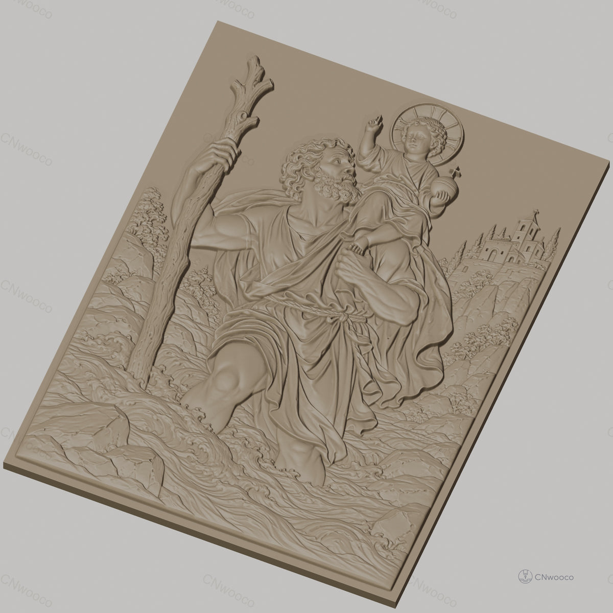 Fichier CNC & impression 3D Saint Christophe traversant rivière avec enfant, décor paysage, haute qualité relief STL