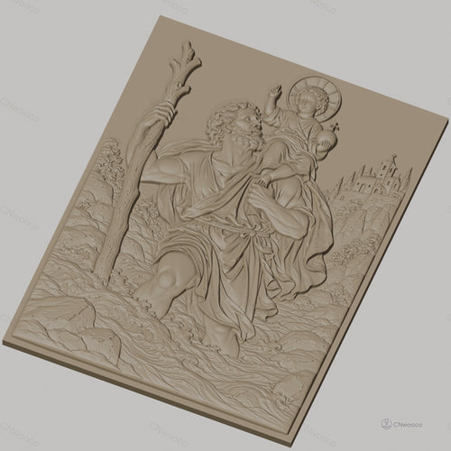 Fichier CNC & impression 3D Saint Christophe traversant rivière avec enfant, décor paysage, haute qualité relief STL