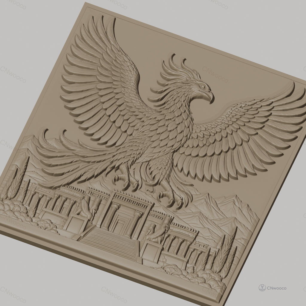 Fichier CNC & impression 3D Phénix mythique, temple ancien avec montagnes et nature, haute qualité relief STL