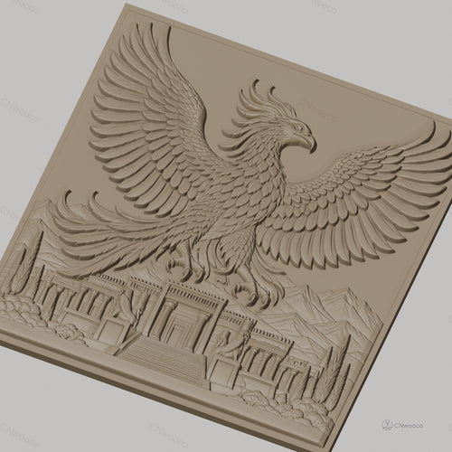 Fichier CNC & impression 3D Phénix mythique, temple ancien avec montagnes et nature, haute qualité relief STL