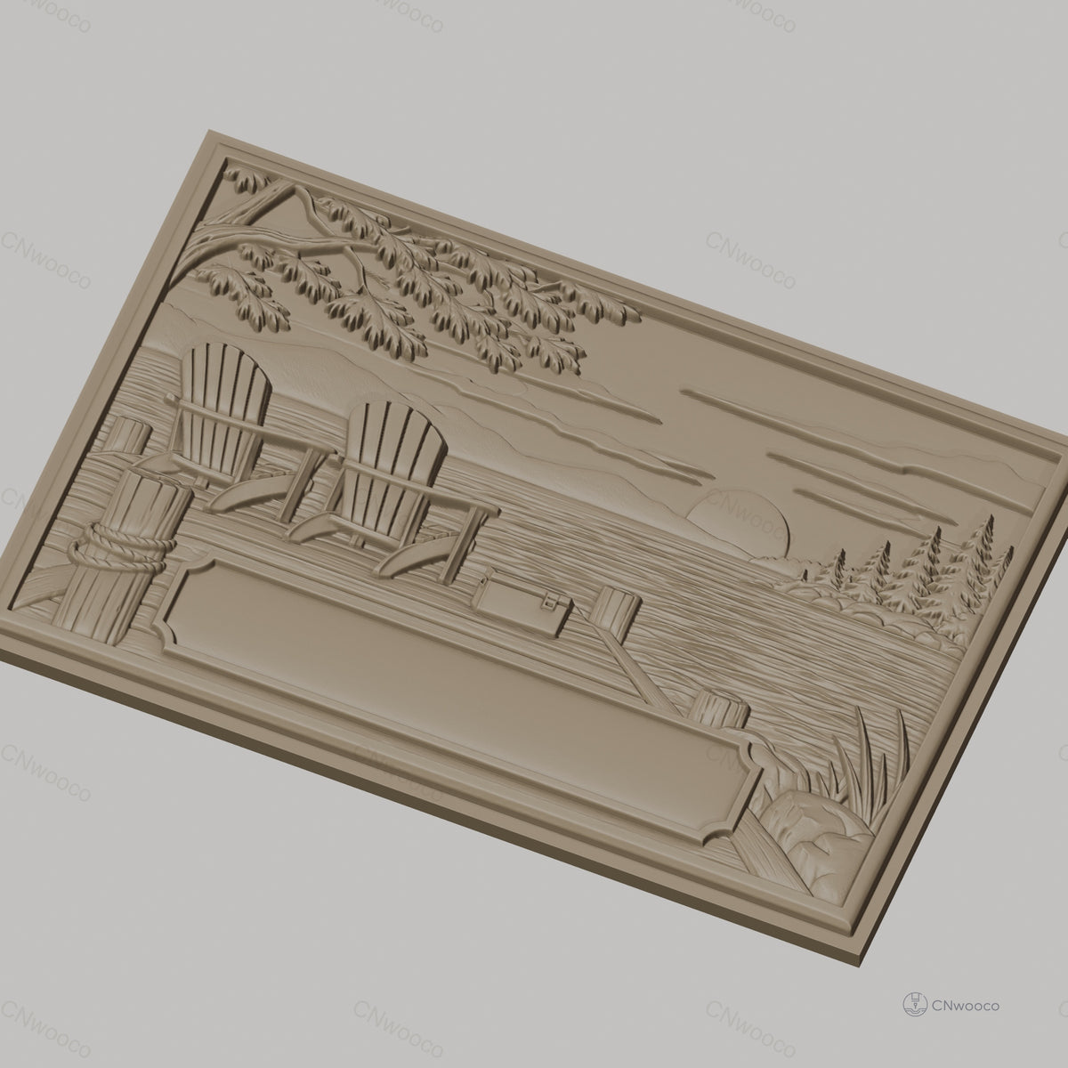Fichier CNC & impression 3D paysage lacustre, chaises Adirondack sur quai avec coucher de soleil, haute qualité relief STL