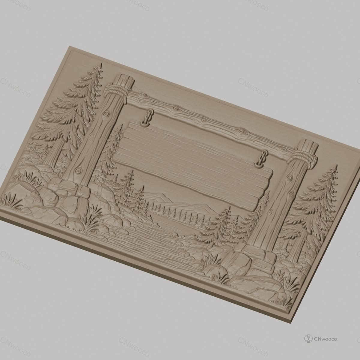 Fichier CNC & impression 3D panneau bois, paysage forêt, montagne et rivière, haute qualité relief STL
