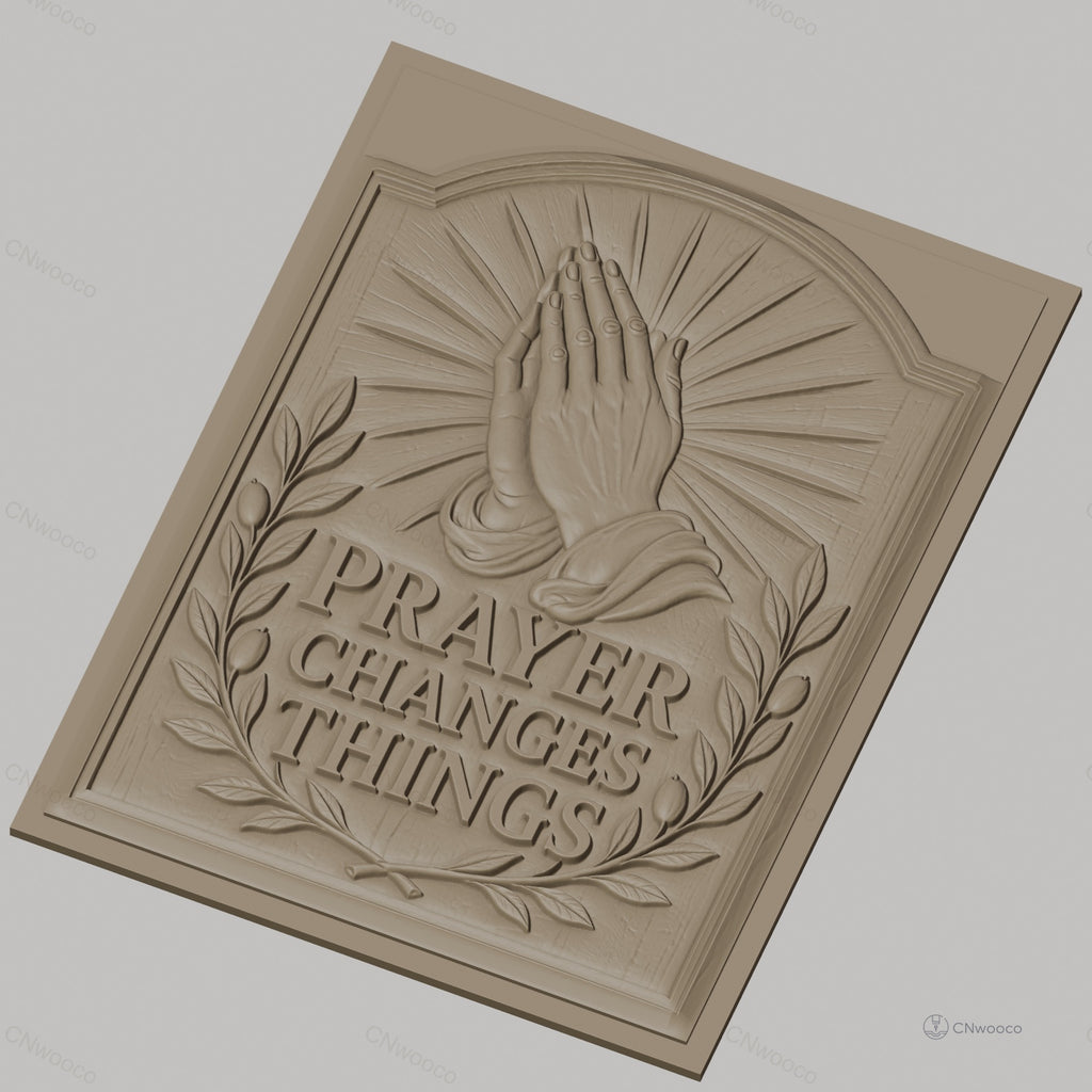 Fichier CNC & impression 3D mains en prière, rayons lumineux et couronne de feuilles, haute qualité relief STL