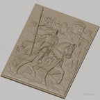 Fichier CNC & impression 3D chevalier médiéval à cheval avec château, drapeau et armure, haute qualité relief STL