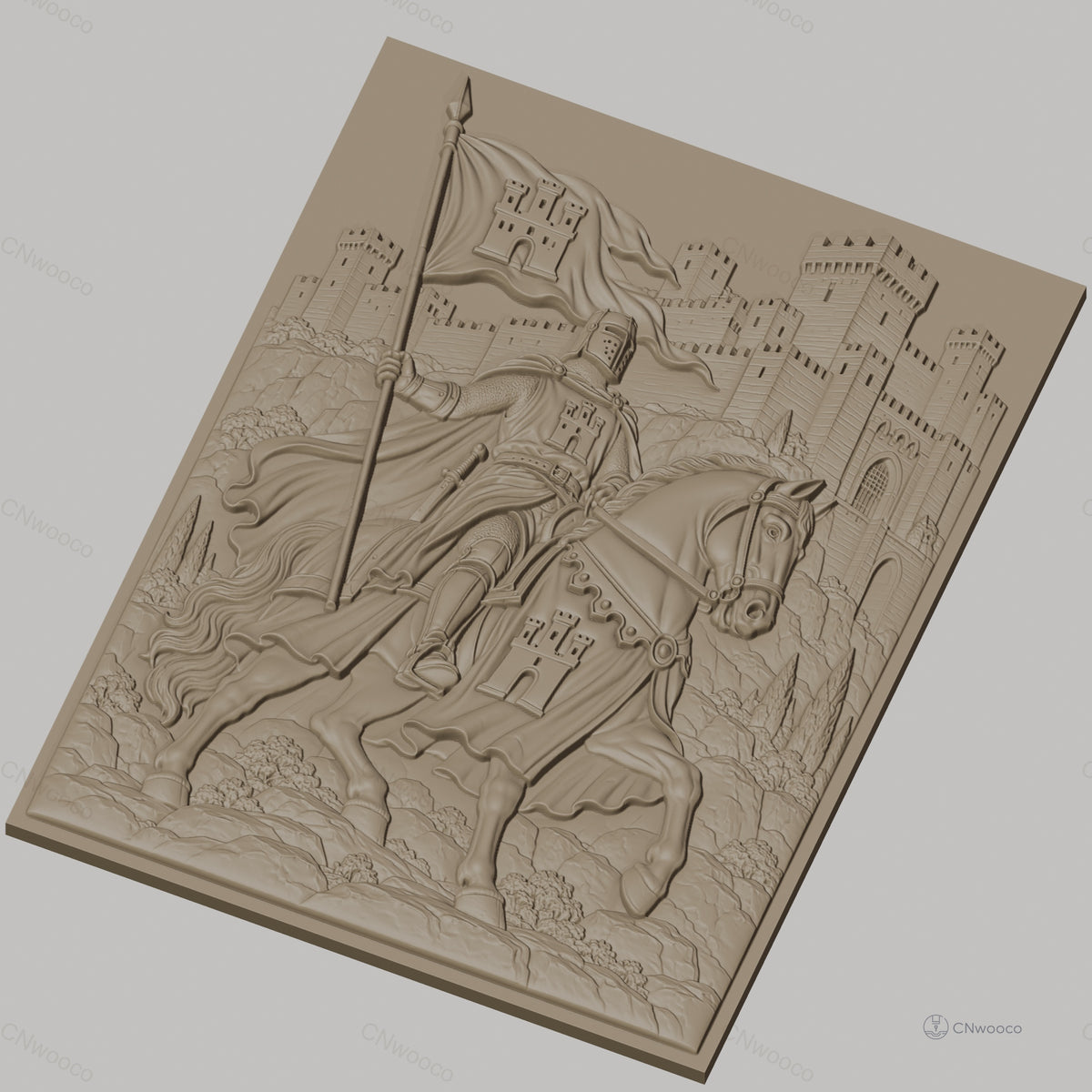 Fichier CNC & impression 3D chevalier médiéval à cheval avec château, drapeau et armure, haute qualité relief STL