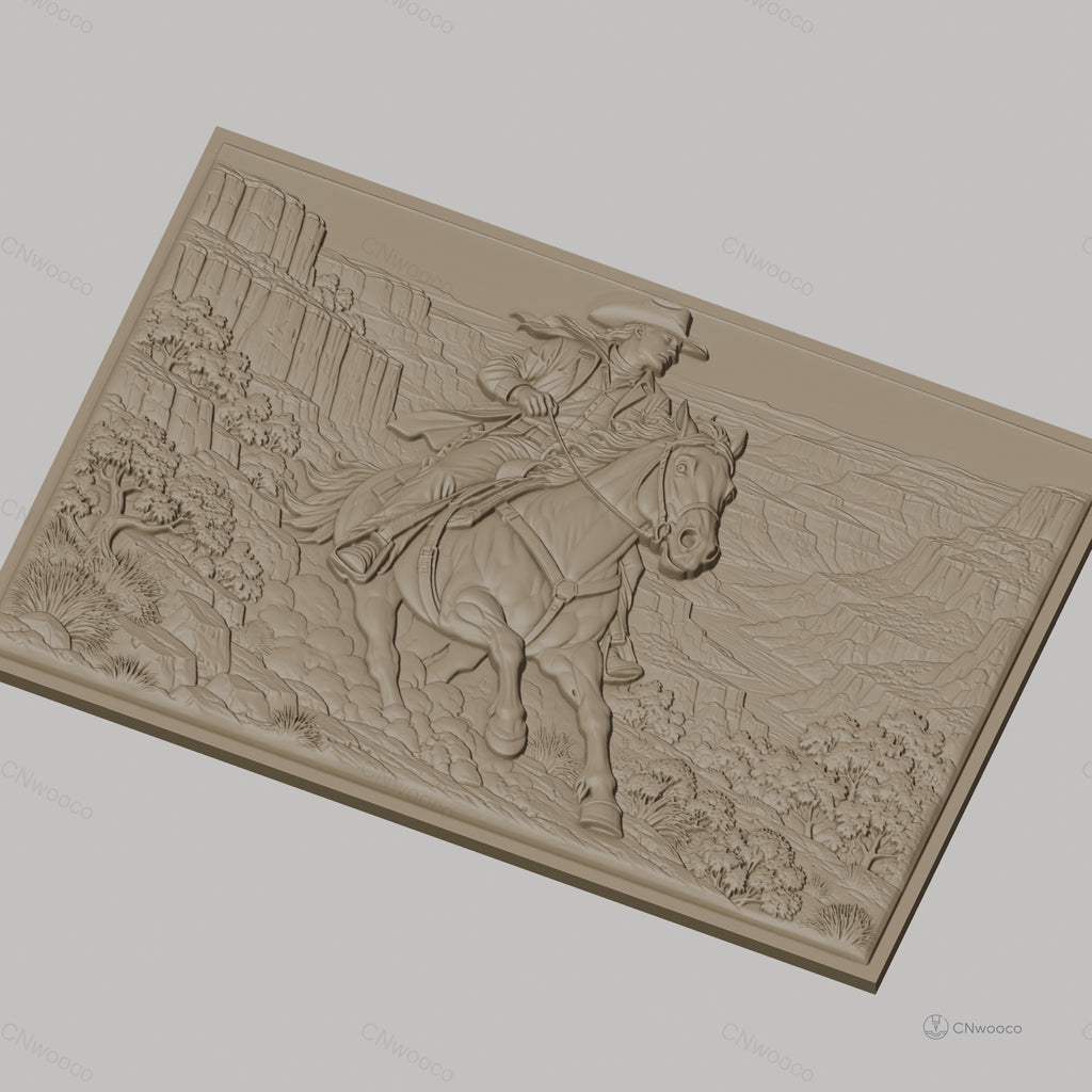 Fichier CNC & impression 3D cowboy à cheval dans canyon, paysage sauvage, haute qualité relief STL
