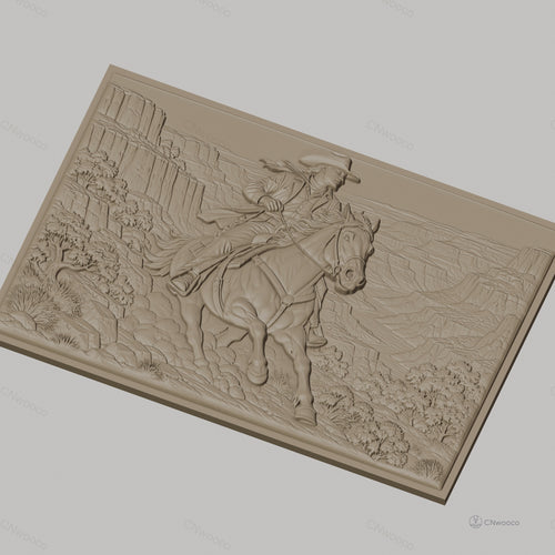 Fichier CNC & impression 3D cowboy à cheval dans canyon, paysage sauvage, haute qualité relief STL