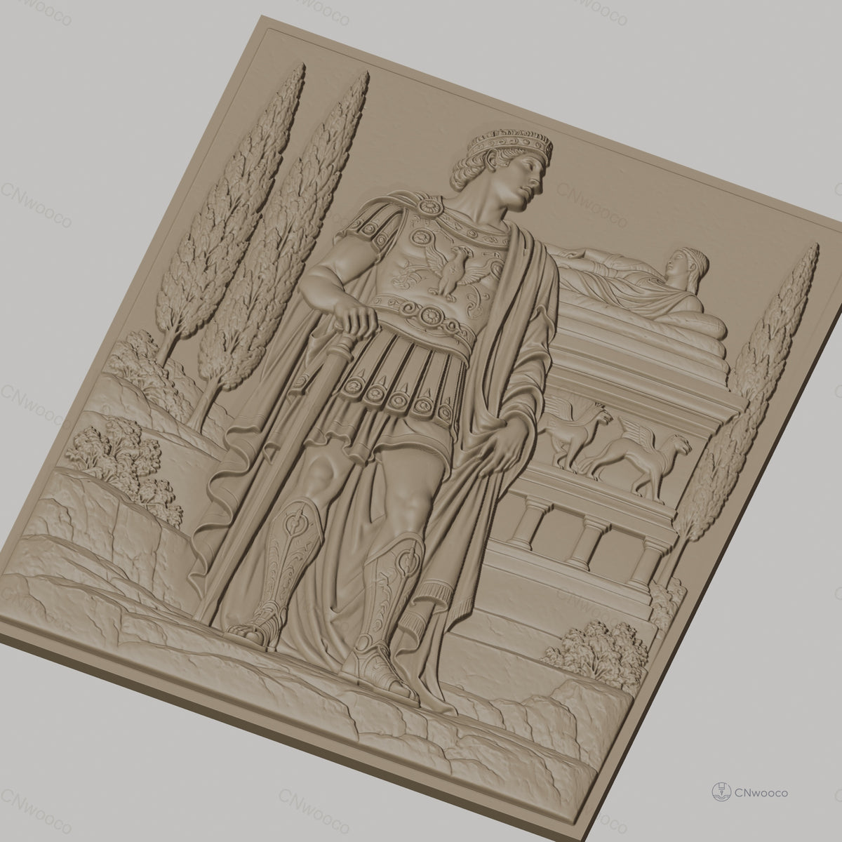 Fichier CNC & impression 3D guerrier romain debout, relief antique, colonne et cyprès, haute qualité relief STL