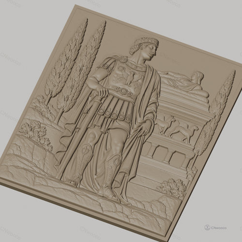 Fichier CNC & impression 3D guerrier romain debout, relief antique, colonne et cyprès, haute qualité relief STL