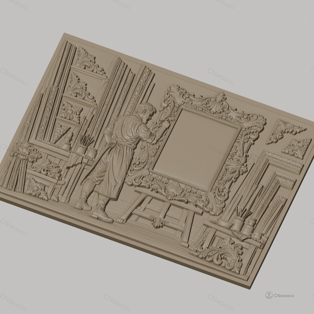 Fichier CNC & impression 3D atelier de cadreur, homme artiste sculptant cadre ornementé, haute qualité relief STL