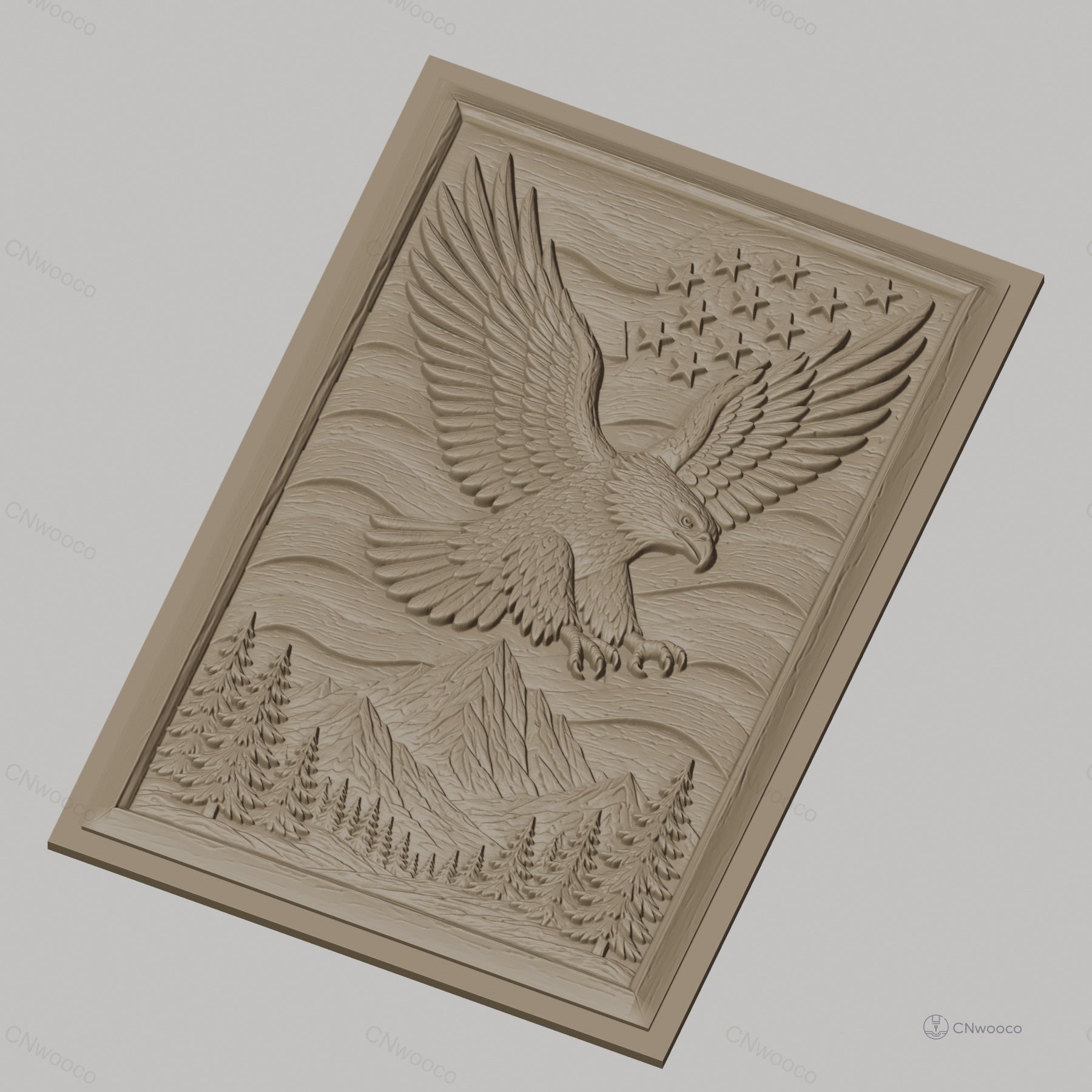 Fichier CNC & impression 3D aigle américain, montagnes, sapins, étoiles, haute qualité relief STL