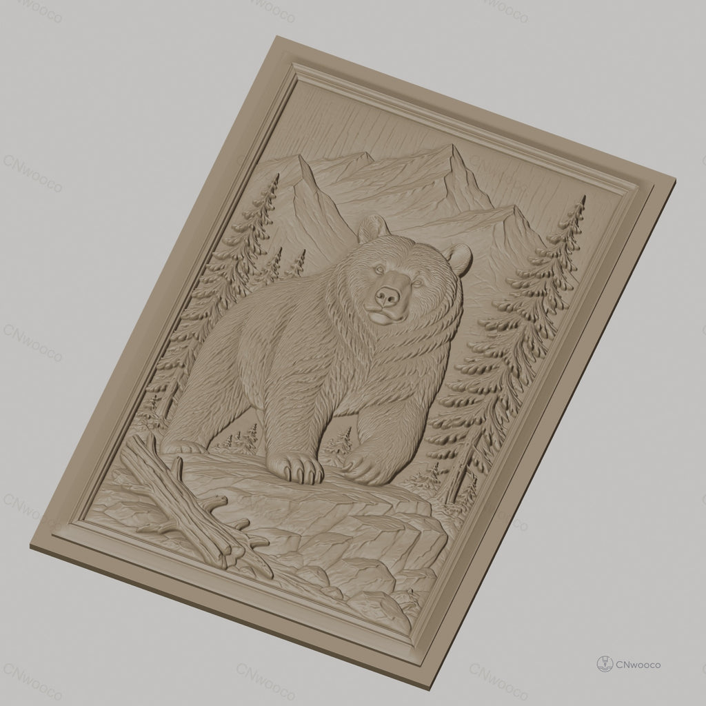 Fichier CNC & impression 3D Ours dans paysage montagneux avec arbres et rochers, haute qualité relief STL