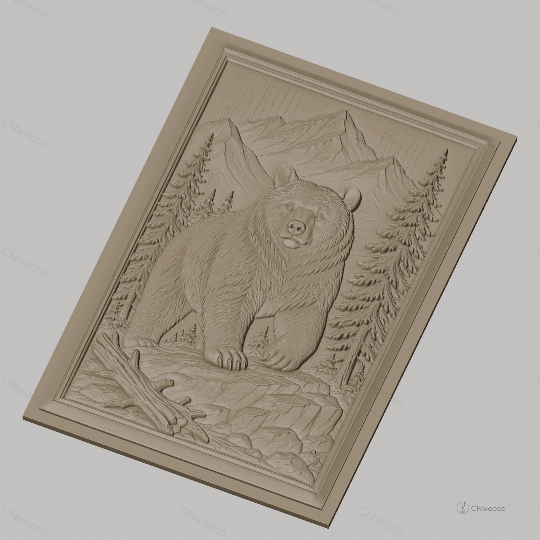 Fichier CNC & impression 3D Ours dans paysage montagneux avec arbres et rochers, haute qualité relief STL
