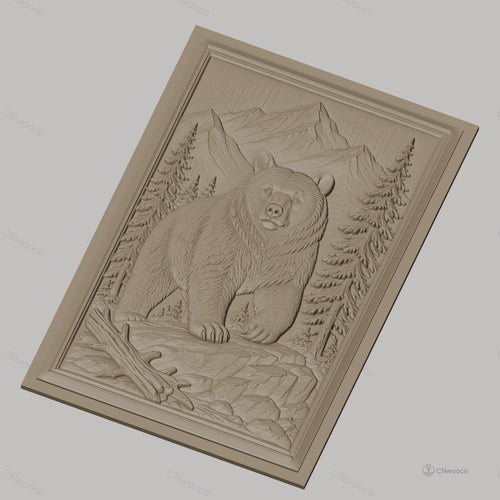 Fichier CNC & impression 3D Ours dans paysage montagneux avec arbres et rochers, haute qualité relief STL