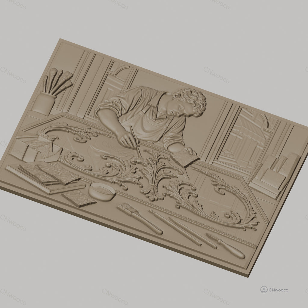 Fichier CNC & impression 3D artisan appliquant feuille d'or, pinceaux et motifs baroques, haute qualité relief STL