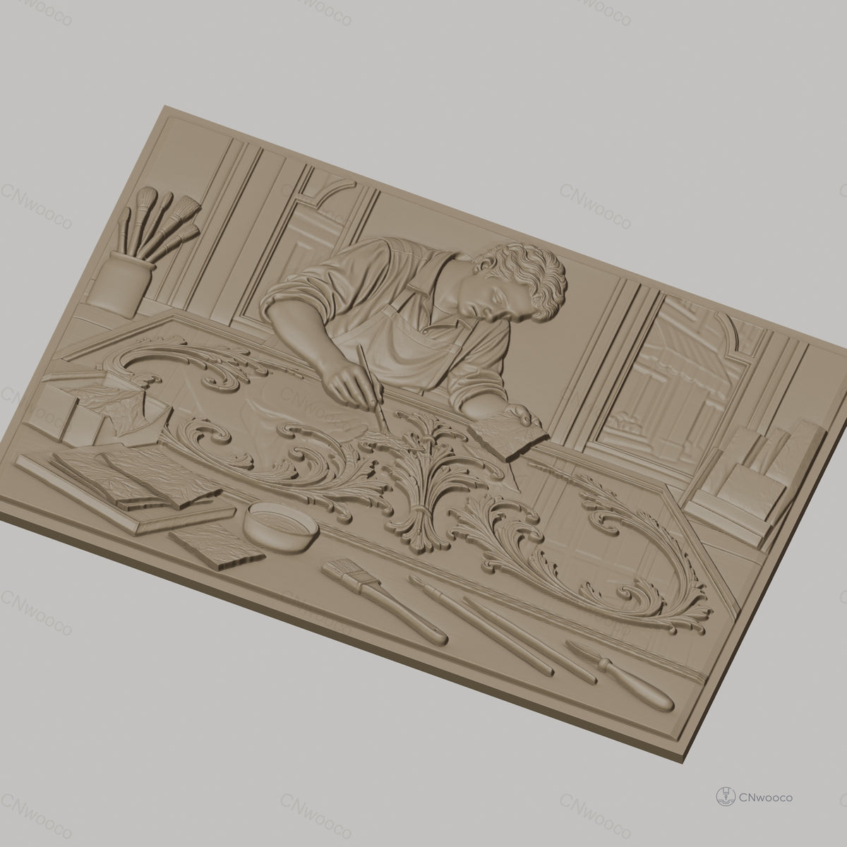 Fichier CNC & impression 3D artisan appliquant feuille d'or, pinceaux et motifs baroques, haute qualité relief STL