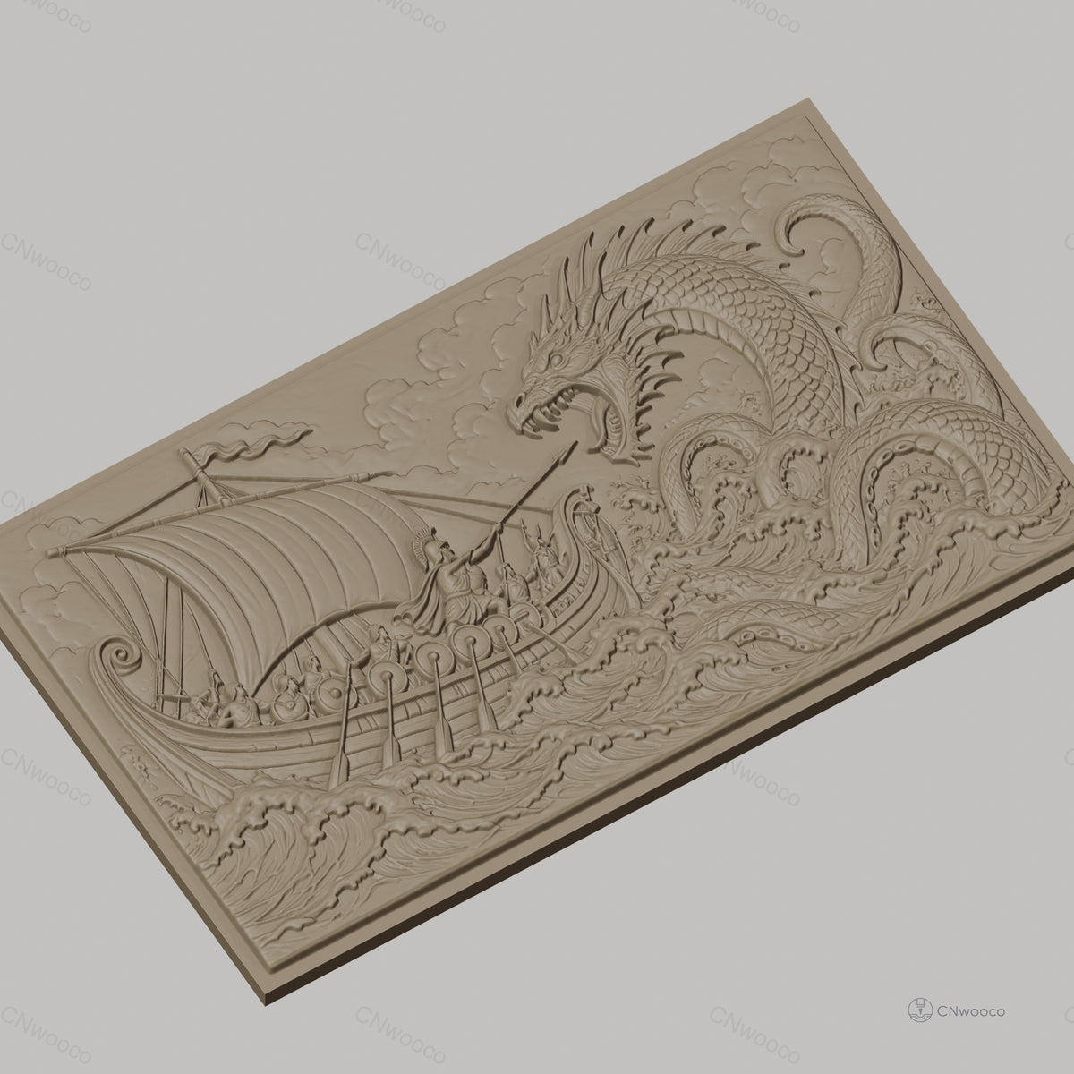 Fichier CNC & impression 3D combat légendaire entre guerriers viking et dragon de mer, haute qualité relief STL