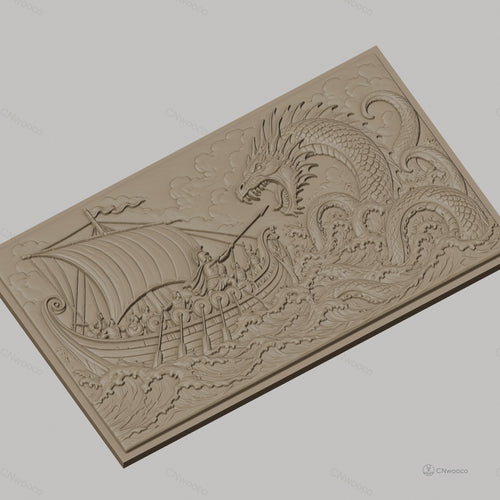 Fichier CNC & impression 3D combat légendaire entre guerriers viking et dragon de mer, haute qualité relief STL