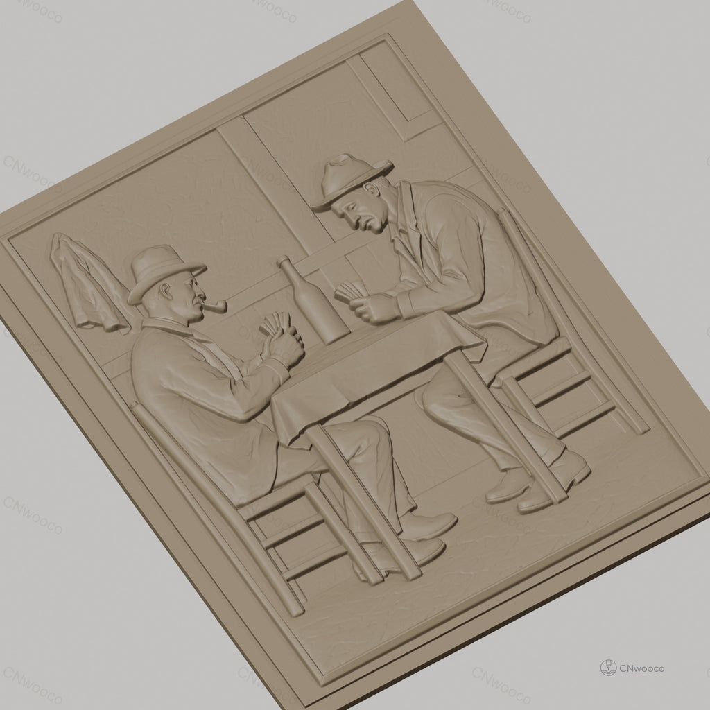 Fichier CNC & impression 3D joueurs de cartes au bistrot, table, chaises, bouteille, haute qualité relief STL