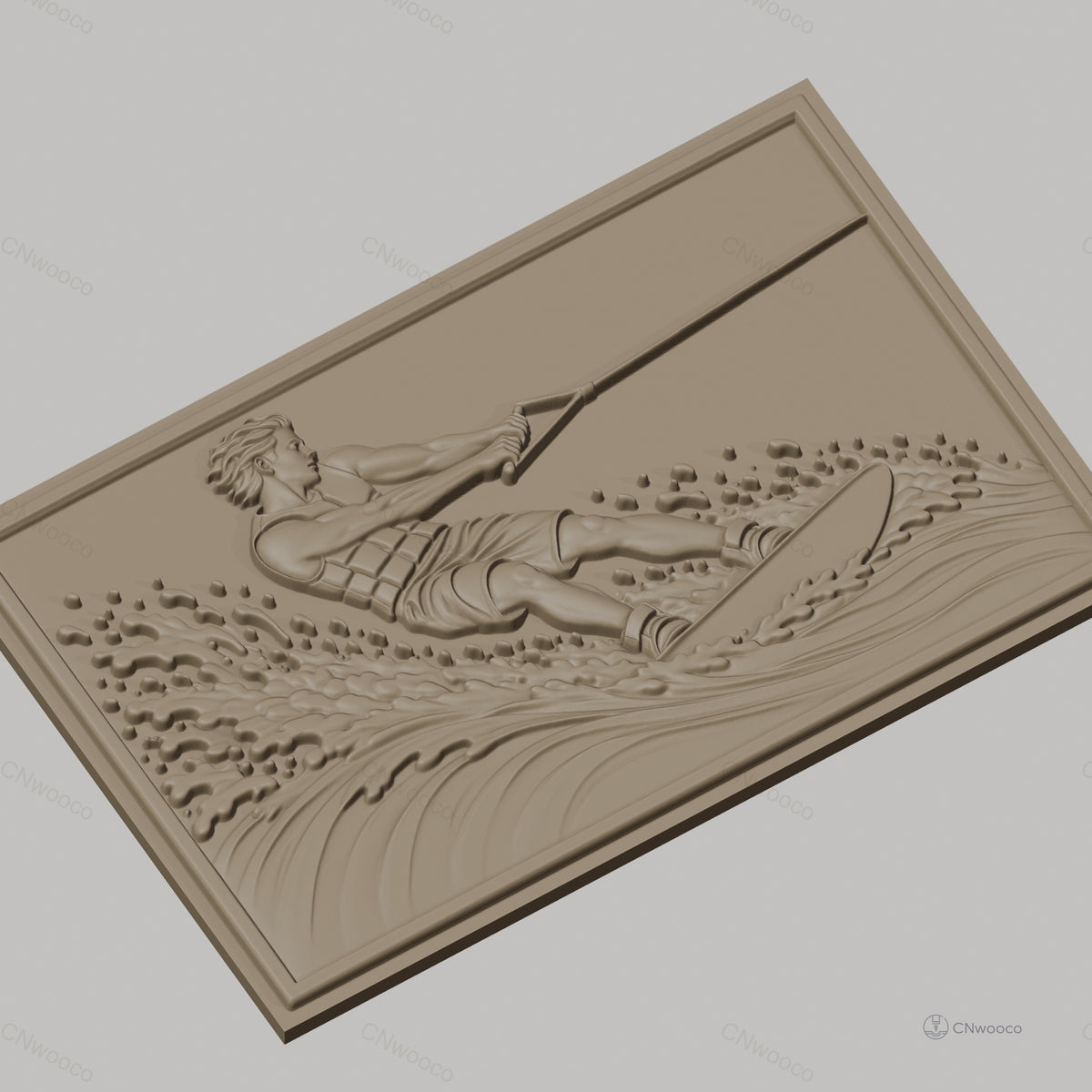 Fichier CNC & impression 3D skieur nautique, homme en action avec éclaboussures d'eau, haute qualité relief STL