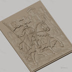 Fichier CNC & impression 3D chevalier médiéval à cheval avec château, drapeau et armure, haute qualité relief STL