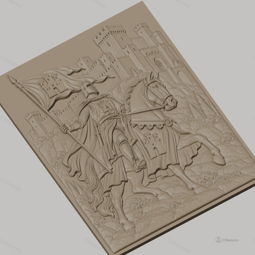 Fichier CNC & impression 3D chevalier médiéval à cheval avec château, drapeau et armure, haute qualité relief STL