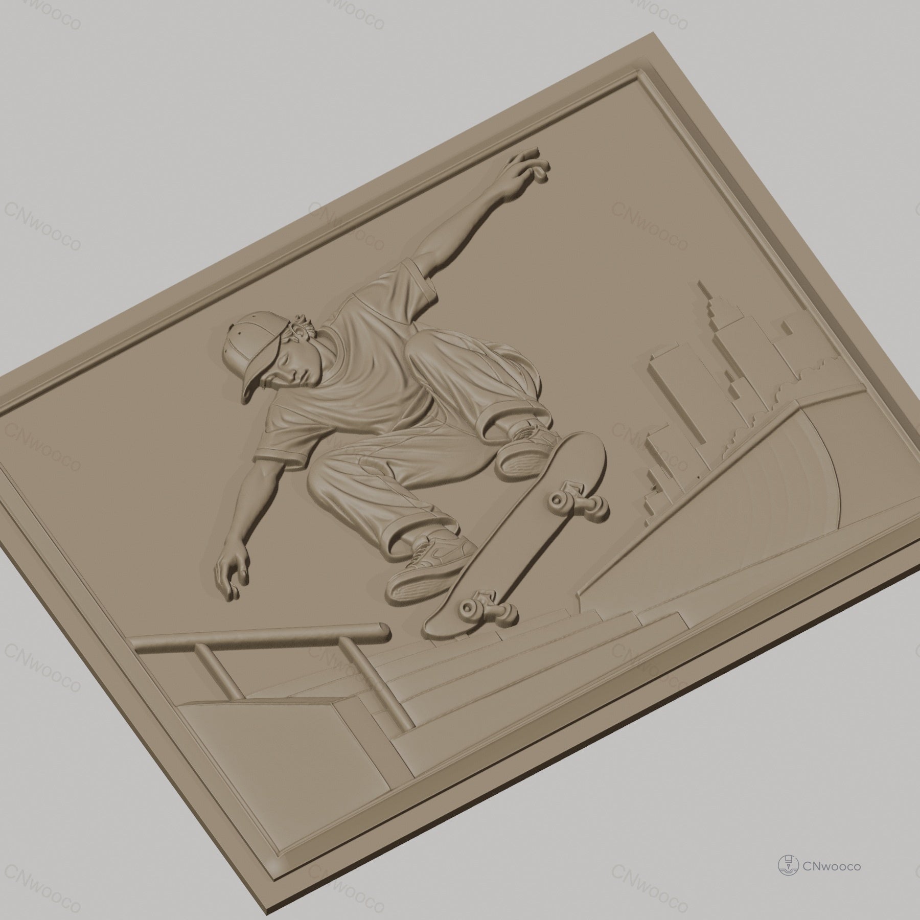 Fichier CNC & impression 3D Skateur sautant à la rampe avec ville en arrière-plan, haute qualité relief STL