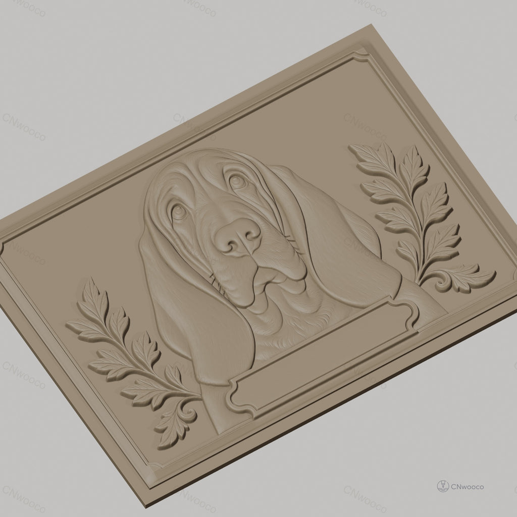 Fichier CNC & impression 3D Chien Basset, portrait en relief avec feuilles décoratives, haute qualité relief STL