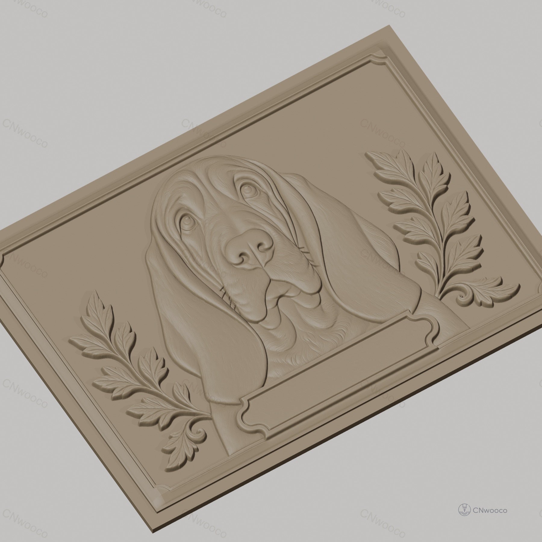 Fichier CNC & impression 3D Chien Basset, portrait en relief avec feuilles décoratives, haute qualité relief STL