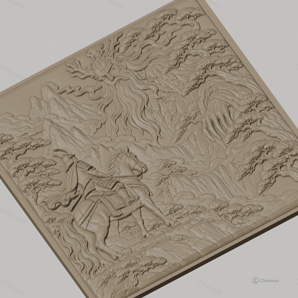 Fichier CNC & impression 3D samouraï à cheval et esprit de la nature, montagnes et cascades relief, haute qualité relief STL