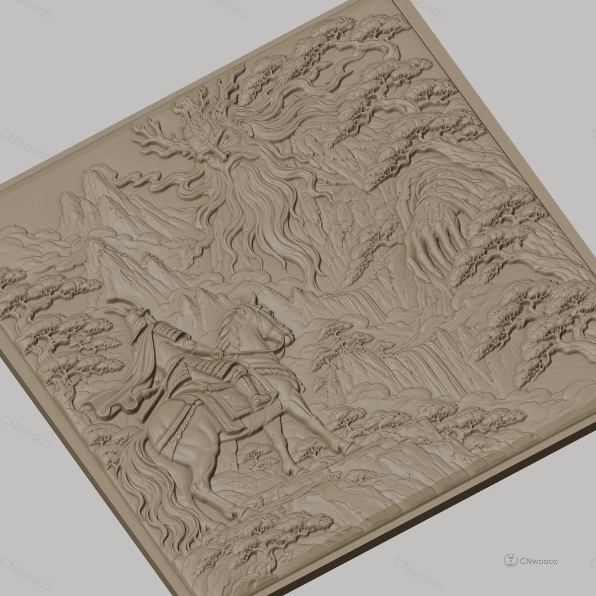 Fichier CNC & impression 3D samouraï à cheval et esprit de la nature, montagnes et cascades relief, haute qualité relief STL