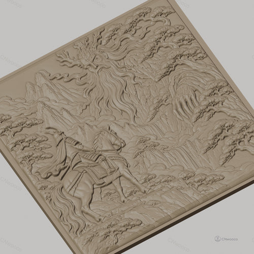 Fichier CNC & impression 3D samouraï à cheval et esprit de la nature, montagnes et cascades relief, haute qualité relief STL