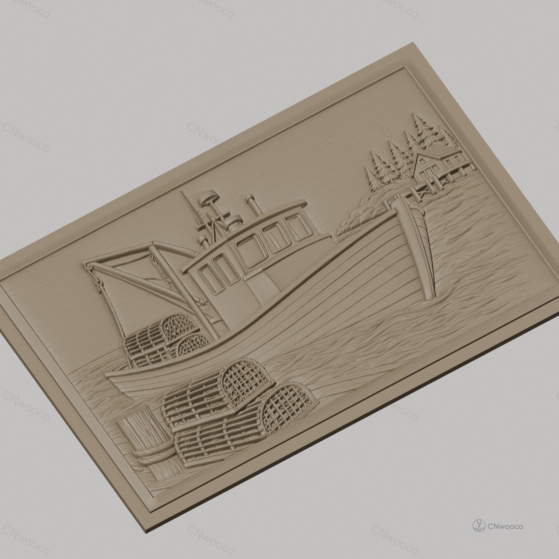 Fichier CNC & impression 3D bateau de pêche, casiers à homard, maison de bord de mer, haute qualité relief STL