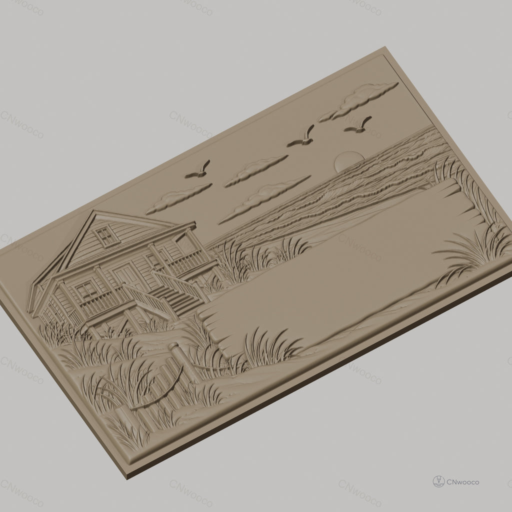 Fichier CNC & impression 3D maison en bord de mer, plage, coucher de soleil et oiseaux, haute qualité relief STL