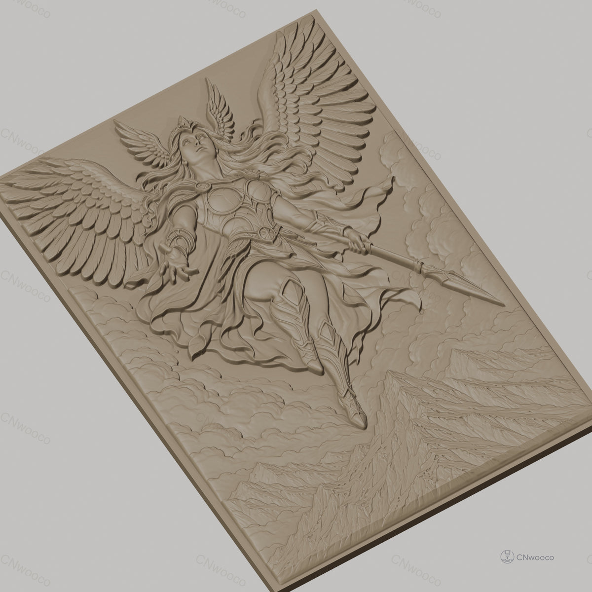 Fichier CNC & impression 3D Valkyrie guerrière ailée, montagnes et nuages, haute qualité relief STL