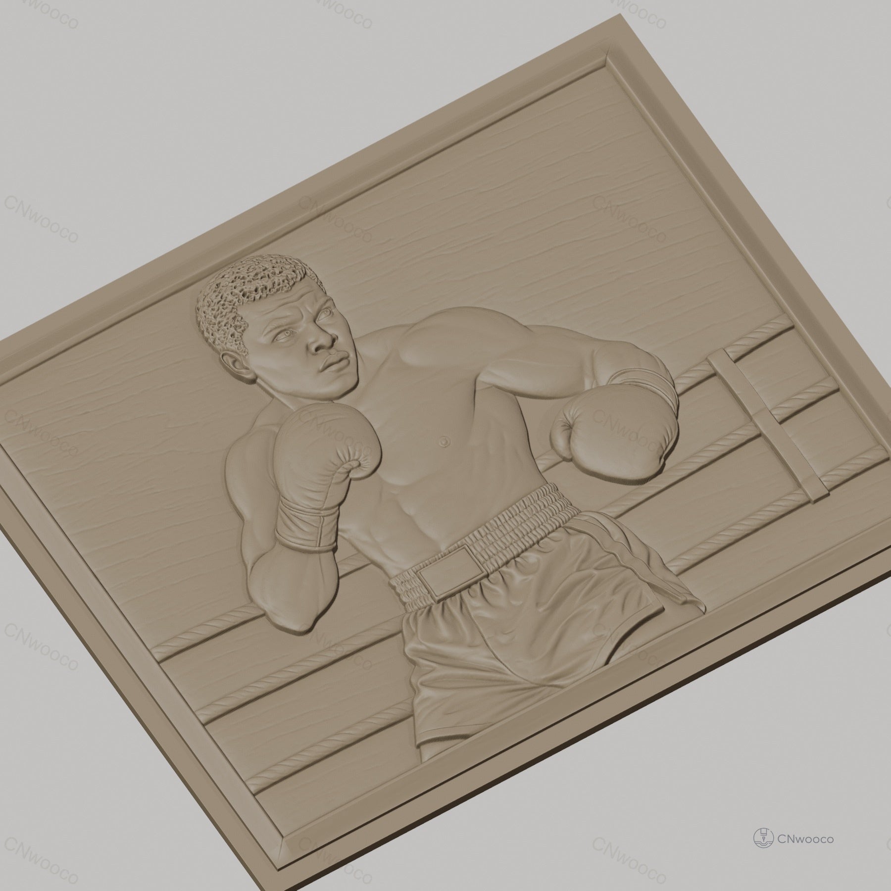 Fichier CNC & impression 3D boxeur dans le ring, gants de boxe, short, style réaliste, haute qualité relief STL