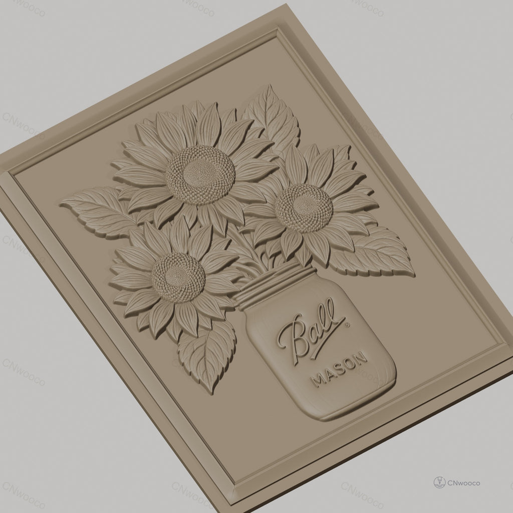 Fichier CNC & impression 3D bouquet de tournesols dans bocal Mason, relief floral haute qualité relief STL